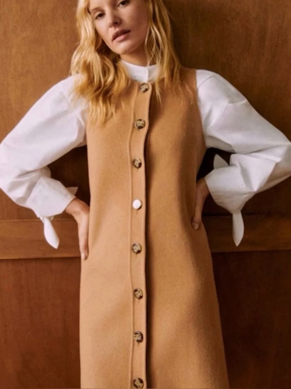 Sezane Camel Button-Front Mini Dress